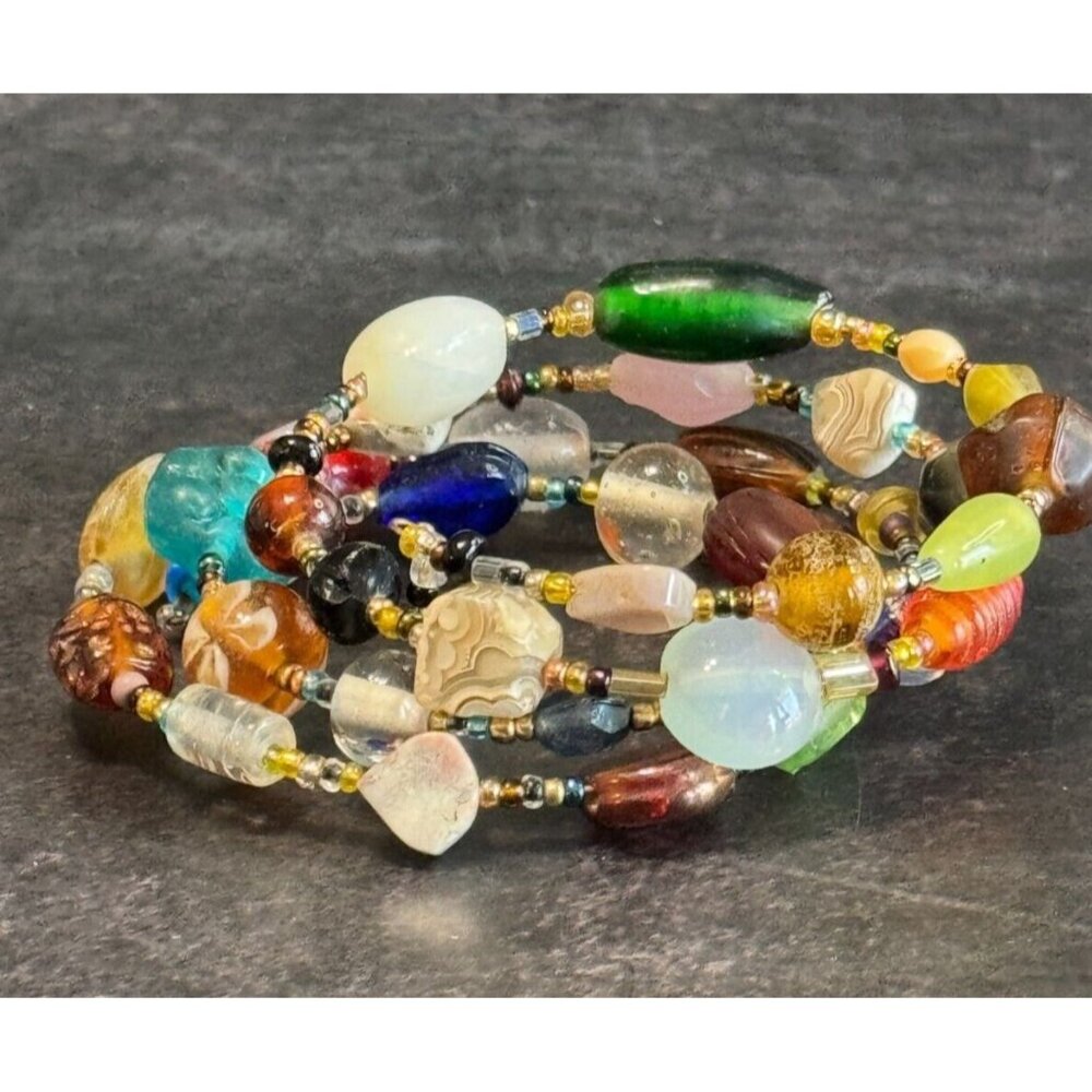 Vintage Art Glass & Gemstone Multi-Color Wrap Bracelet Boho Style - Picture 2 of 10